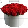 Világos virágdoboz vörös rózsákból